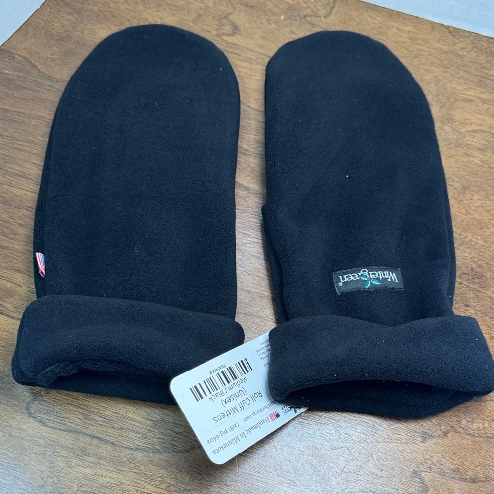 NWT Wintergreen Northern Wear Thick Fleece Roll Cuff Mittens, Black, Unisex sz M